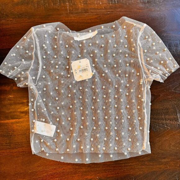 New ALTAR’D STATE Ivory Sheer Pearl Rhinestone Beaded Cropped Top Women's Sz Sm - Picture 9 of 12